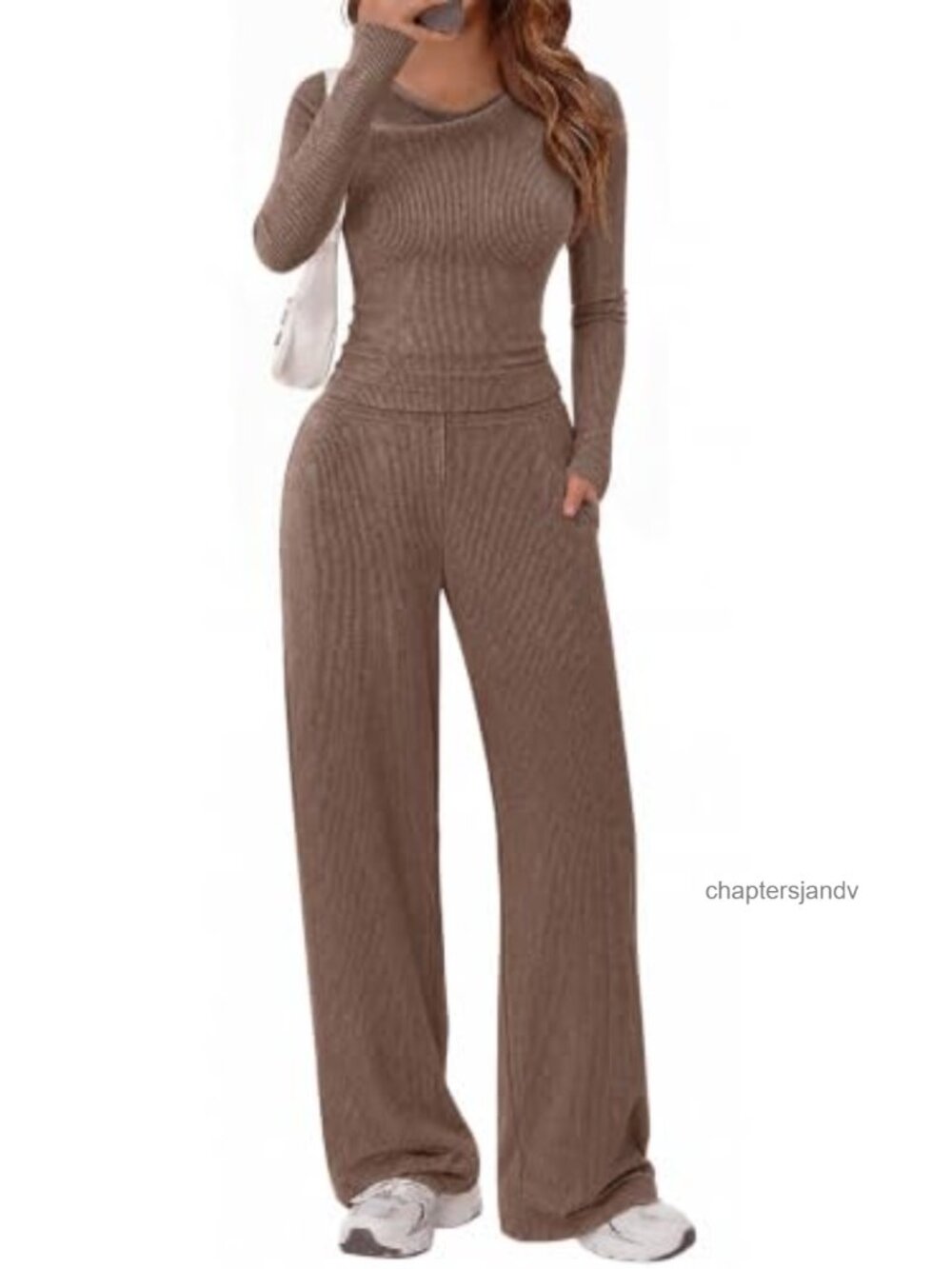 Women 2 Piece Lounge Set Ribbed Knit Cowl Neck Top Wide Leg Pants Pockets